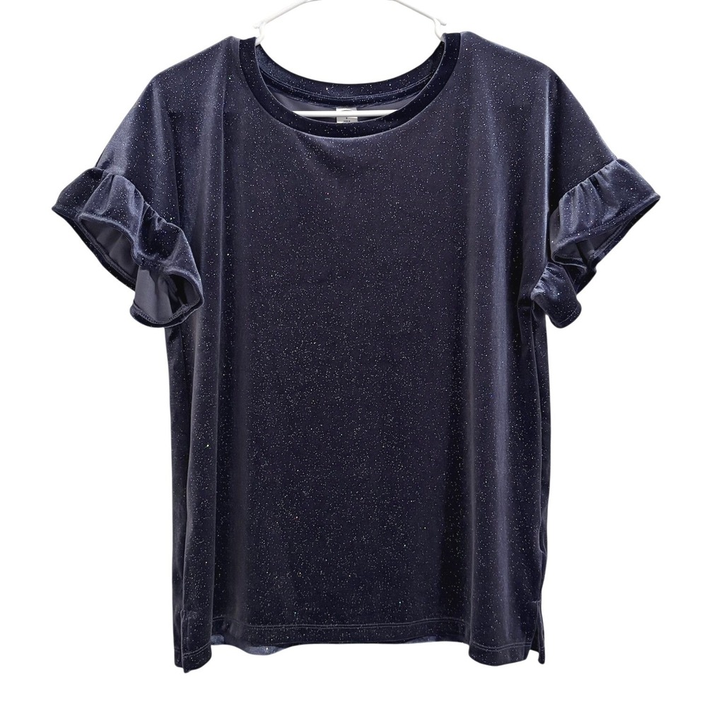 Old Navy Blue Glitter Velvet Ruffle Sleeve Top Sparkle Blouse SMALL